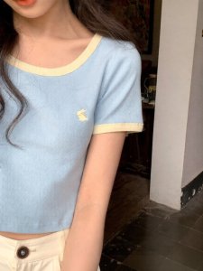 NIHAOKANONG | Áo Thun Tay Ngắn Màu Kẻ Độc Đáo Vintage