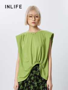 INLIFE | Green Sleeveless Padded Tshirt Summer Loose Irregular Design