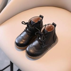 Bekamille | Children Boots British Style Fretwork Pu Leather Brown Black Boys Girls Short Boot 21-30 Toddler Zipper Solid Color Kids Shoes