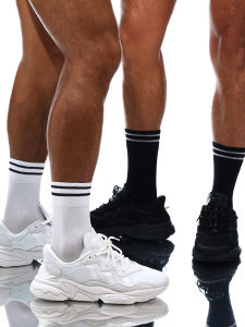 Sockkon Mens High-Tube Striped Spring Summer Thin Cotton Sports Socks Black White Two Bars Washed Sports Cotton Socks