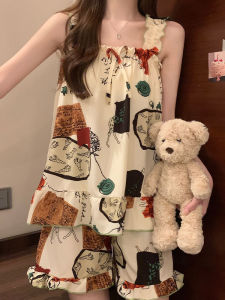 ชุดนอนผู้หญิงแขนกุดพร้อมแผ่นเสริมหน้าอก ชุดนอนสองชิ้น ชุดลำลองฤดูร้อน ชุดนอนผู้หญิง ชุดนอนผู้หญิงแขนกุด ชุดนอนผู้หญิงแขนกุด