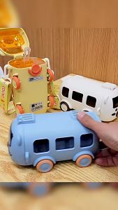 READY 500ml Baby Cartoon Bus Design Water Bottle Tritan with Strap Straw Cute Creative Car Bottle Botol Air Bas Viral Water Cup 儿童巴士水瓶