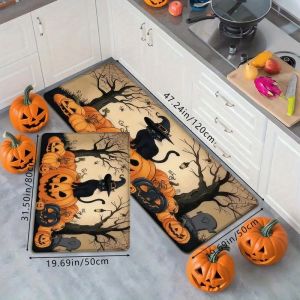 VIKAMA 2Pcs Black Cat Pumpkin Halloween Kitchen Rug Set 2D Print Non‑Slip Anti‑Oil Wearproof Floor Mats Home Holiday Party Decor