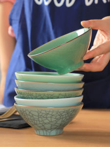 ชามเซรามิกสีเขียวดั้งเดิมขนาดเล็ก 5 นิ้ว ลายหินแข็ง ชามสำหรับข้าว ชามชา ชามดินเผาแบบลำลอง สำหรับใช้ในบ้าน ชามลายหมวก