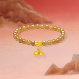 ZHOU LIU FU 周六福 24K Solid Gold Hetian Jade Beaded Bracelets Pure Gold Lotus Charm Stretch Bracelet Real Gold Jewelry for Women Mom Daughter Lover Birthday 17CM Y1914799