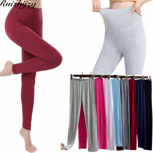 Ruizhijzg Ready Stock Plus size M-3XL Modal Cotton Leggings For Women Elastic High Waisted Yoga Pants Ladies Girls Full Length Soft Waistband Slim Sport Pants Plain Color