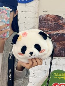 Cute Cartoon Plush Toy Flower Panda Crossbody Bag Womens Doll Single Shoulder Bag Youthful Velvet Zipper Soft Polyester Lining