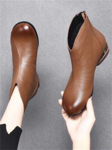 SHIPAILUO | Leather Martin Boots Womens Flat Low Heel Autumn Winter Warm Fleece Round Toe Booties Casual Style Short Zipper Closure Boots