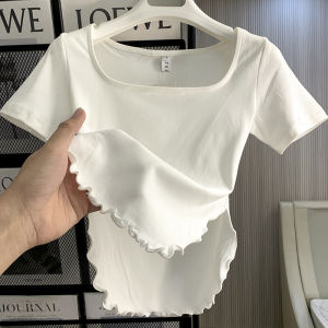 Pure Cotton Square Collar Short Sleeve Womens T-shirt Shoulder Baring Top Korean Style Slim Fit Base Shirt Summer New Arrival