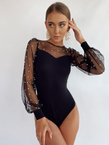 Slim Mesh Puff Sleeve Long Sleeve Bodysuit Thời Trang Đường Phố Cho Nữ Quần Short Eo Cao Mùa Thu Dài Thường Ngày Chất Liệu Khác