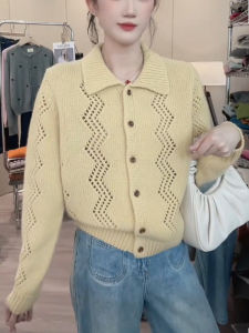 SUOXIMENG | Large Size Yellow Knitted Hollow Out Collar Top For Women Fashionable Commute Style Autumn New Arrival Warm Long Sleeve