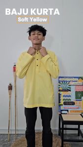 【 Kurta Slim Fit Warna Soft Yellow 】Kurta Budak & Dewasa Sedondon Kain Cotton PREMIUM / KURTA RAYA D016K KD