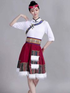 Tibetan Ethnic Womens Mini Skirt Stage Performance Costume Square Dance Practice Uniform Large Flared Skirts Group Outfits