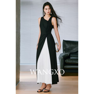 WANGXO | Đầm Không Tay Cổ Bất Đối Xứng Phối Ren In Bạc Đen Trắng