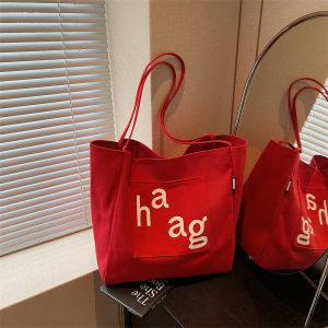 Korean Style Canvas Tote Bag Womens Large Capacity Shopping Bag Lazy Match All round Red Bag Simple Design 2025 New Model