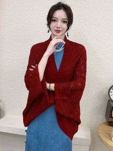 Sun Protection Shell Top Shoulder Shawl Knitted Cardigan Red Wine Color Summer Dates Shell Skirt Outerwear for Qipao