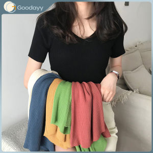 V-neck Knitted T-shirt Bottomed Shirt Short Top Womens Half Sleeve T-shirt Womens Slim Top