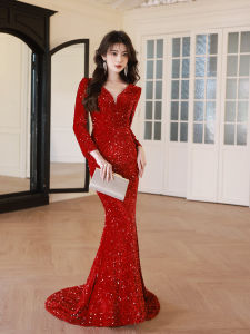 Red Toast Dress Bride Fancy Host Banquet Classy Light Luxury Minority Fishtail Engagement Wedding Dress