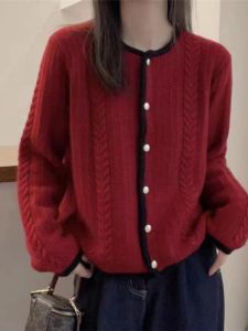 เสื้อคาร์ดิแกนถักสีแดงหลวมๆ สำหรับผู้หญิง เสื้อคลุมคาร์ดิแกนแบบสวมหัว ทรงหลวมๆ สไตล์เกาหลี แขนยาว ปกติ