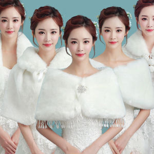 ผ้าคลุมไหล่ขนสัตว์หนา อบอุ่น แฟชั่นฤดูใบไม้ร่วง/ฤดูหนาว สำหรับผู้หญิง ชุดแต่งงาน ผ้าคลุมไหล่แบบสวมหัวแบบเทียมขนสัตว์