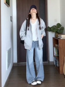 กางเกงยีนส์ทรงตรงเอวสูงสำหรับผู้หญิง สไตล์อเมริกัน เดรสแฟชั่นฤดูใบไม้ผลิและฤดูใบไม้ร่วง กางเกงขายาวทรงหลวม กางเกงขายาวทรงหลวม ทรงหลวม