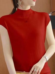 เสื้อเชิ้ตคอปกสั้นถักแบบบางสำหรับผู้หญิงในฤดูใบไม้ผลิและฤดูร้อน ทรงหลวม แขนสั้น แขนกุด เสื้อกั๊กถักแบบลำลอง