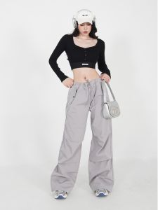 Silver Grey Workwear Pants Womens Low Waist Wide Leg Pants Spring Autumn Casual Trousers Loose Pleated Dance Pants