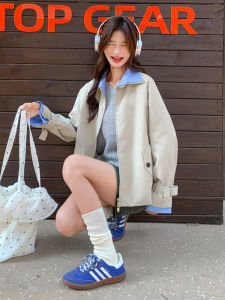 Loose Fit Casual Contrast Color Collar Womens Workwear Jacket Korean Style Polyester Fabric Long Sleeve Zipper Closure