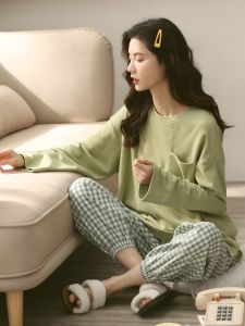 me home wear | Cotton Long Sleeve Pullover Plain Check Pajama Set