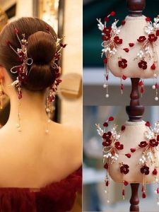 Red Wedding Hair Accessories Chinese Style Cheongsam Engagement Ceremony Headwear Elegant Bride Grooming Essential