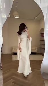 New Fashion Satin Robe Dresses Ladies Temperament O-neck Slim Evening Dress Elegant Batwing Sleeves High Waist Pleats Long Dress