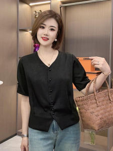 Casual Pure Color V-neck Embroidered Satin Short Sleeve Shirt Versatile Large Size Top Korean Style Loose Fit Button Detail