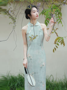 Spring Mountain Encounter New Chinese Style Slimming Artistic  Daily Qipao Dress Floral Print Low Slit Sleeveless Gown