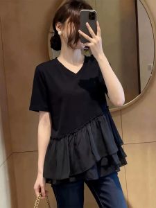 Lace Splicing V-neck Slim Design T-Shirt