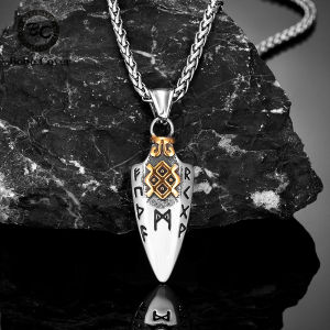 Norse Runes Odins Spear Gungnir Necklace Men Gold Color Stainless Steel Arrowhead Pendant Valknut Talisman Male Vikings Jewelry