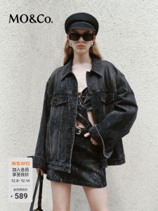 MoCo Denim Jacket Neutral Vintage Washed Cotton Laser Pattern Street Style Long Sleeve Loose Fit Womens Short Outerwear