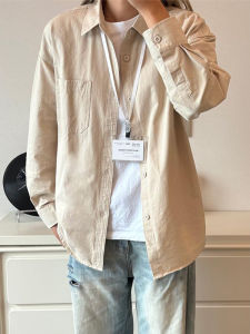เสื้อเชิ้ตแขนยาวผู้ชายผ้าฝ้ายแท้สีกรมท่าสไตล์อเมริกันย้อนยุค Cleanfit แจ็คเก็ตแบบลำลองสำหรับฤดูใบไม้ร่วง
