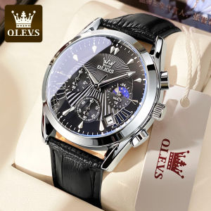 OLEVS | OLEVS casual fashion mens watches Moon Phase Chronograph waterproof man wristwatch Leather strap trend genuine watch for man