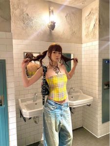 Pure Desire Sweet Spicy Yellow Plaid Tube Top Vest Womens Summer Trendy Clothing Short Style Commute Slim Fit Other Material