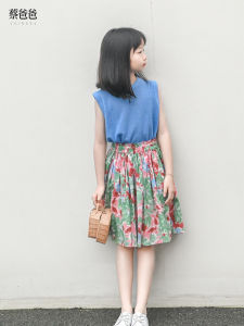 Cai Dad Summer 2025 Green Cotton Half Skirt Artistic Childrens Clothing Girls A-Line Skirt Pure Cotton Floral Print Skirt