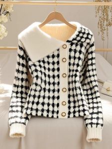 WANGGONGZHU | Slim Fit Plaid Knit Sweater Womens Autumn Winter Fashion Design Turn-down Collar Princess Style Long Sleeve Knitted Top