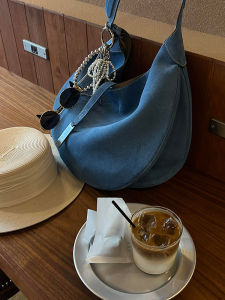 Blue Suede Leather Large Capacity Commuter Tote Bag Womens Single Shoulder 2025 New Style Handbag Casual Simple Style