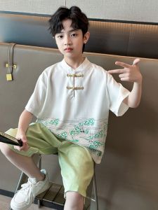 ชุดกี่เพ้าฤดูร้อนสไตล์จีนสำหรับเด็กชาย ชุดสองชิ้นแขนสั้น ผ้าฝ้าย เดรสชาติจีน ทรงหลวม เหมาะกับเด็กอายุ 3-12 ปี