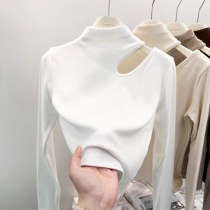 WANGGONGZHU | Womens Long Sleeve T-Shirt Winter Thickened Fleece Hollow Out Slimming Base Shirt Half High Collar Commute Style Pure Color