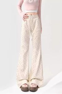 White Floral Slightly Flared Casual Pants for Women Autumn Best-Selling High Waist Petite Slim Looking Track Sweatpants Mop Trousers
