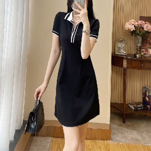 SUYE | Elegant Black Slim Fit Flattering Polo Collar Dress