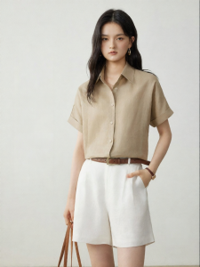 YAKEJIA | Áo Sơ Mi Tay Ngắn Màu Sáng 100% Vải Linen Nữ
