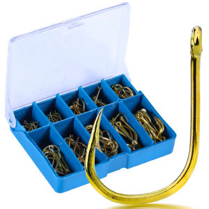 Kait Pancing Logam Emas 10 Ukuran 70 Buah Aksesori Memancing dengan Kotak Ikan Karper Kakap