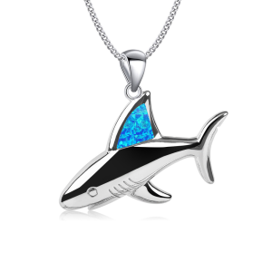 Shark Pendant Necklace with Blue Fire Opal Inlay Unique Ocean Themed Gift for Fisherman Dad Cool Practical Accessories
