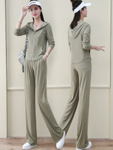 ชุดคาร์ดิแกนแขนยาวทรงสลิมฟิตพร้อมฮู้ดและกางเกงขากว้างสำหรับผู้หญิง ชุดลำลองฤดูใบไม้ผลิและฤดูใบไม้ร่วง ชุดสองชิ้น